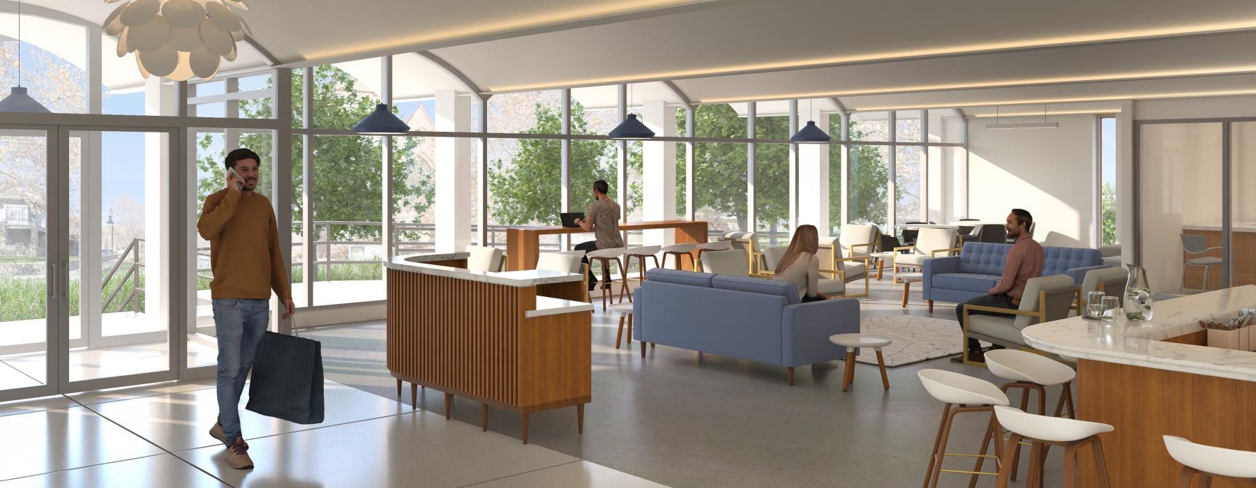 a person with a briefcase walking in a large room with people sitting in chairs