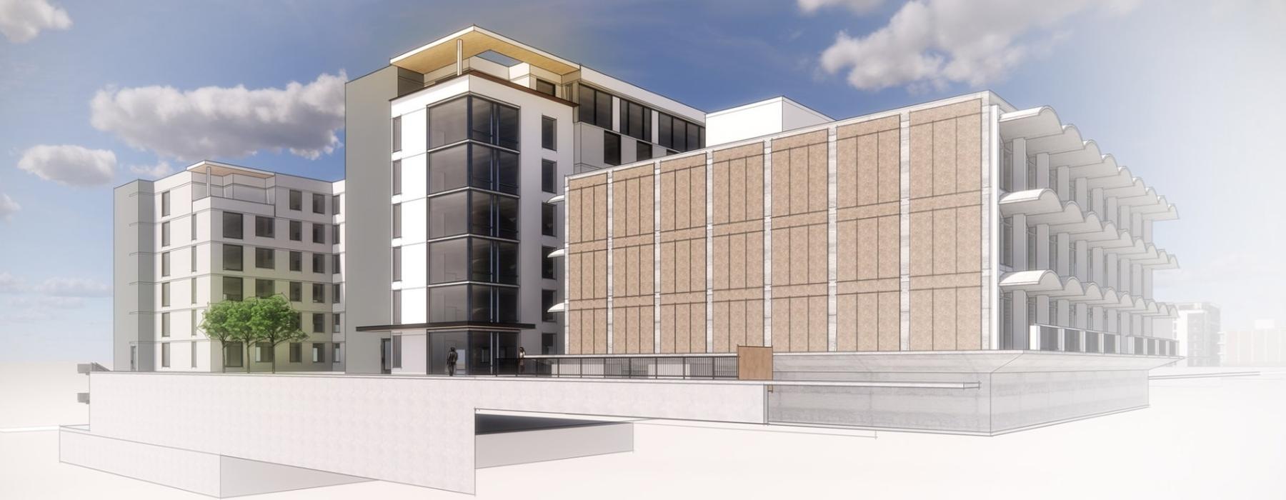 a multistory building with windows