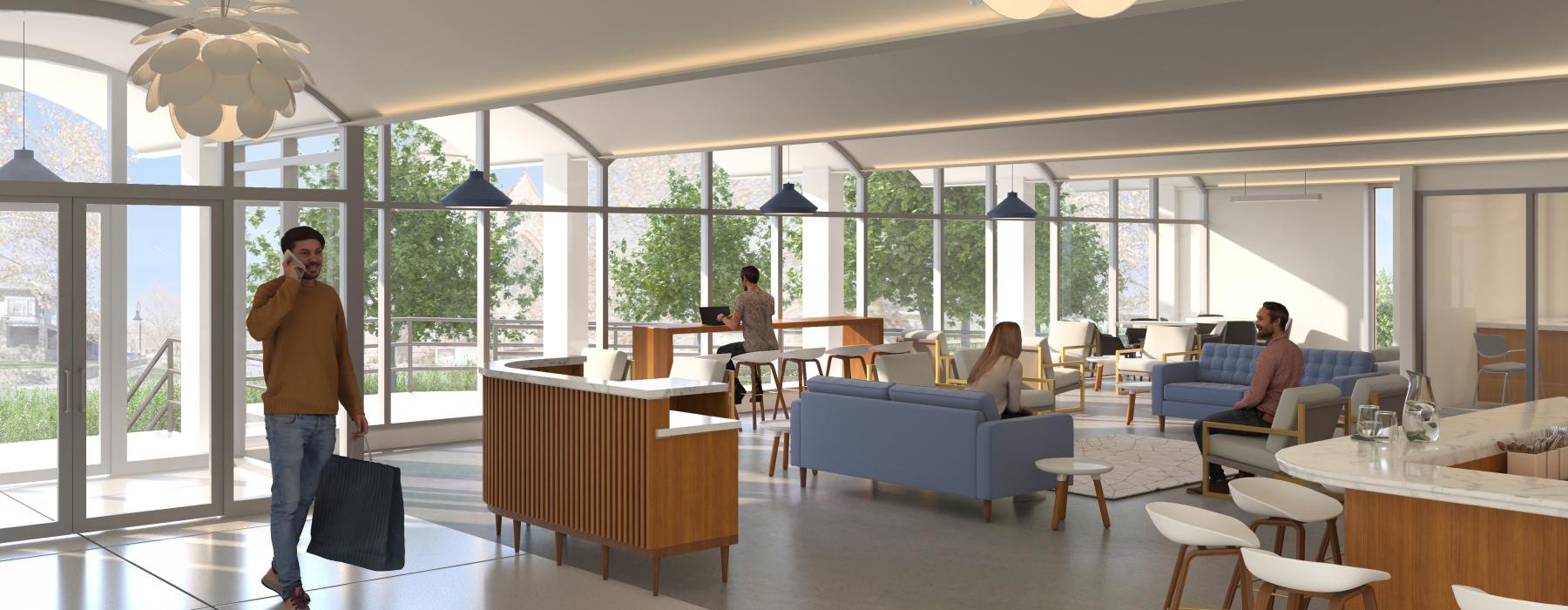 a person with a briefcase walking in a large room with people sitting in chairs