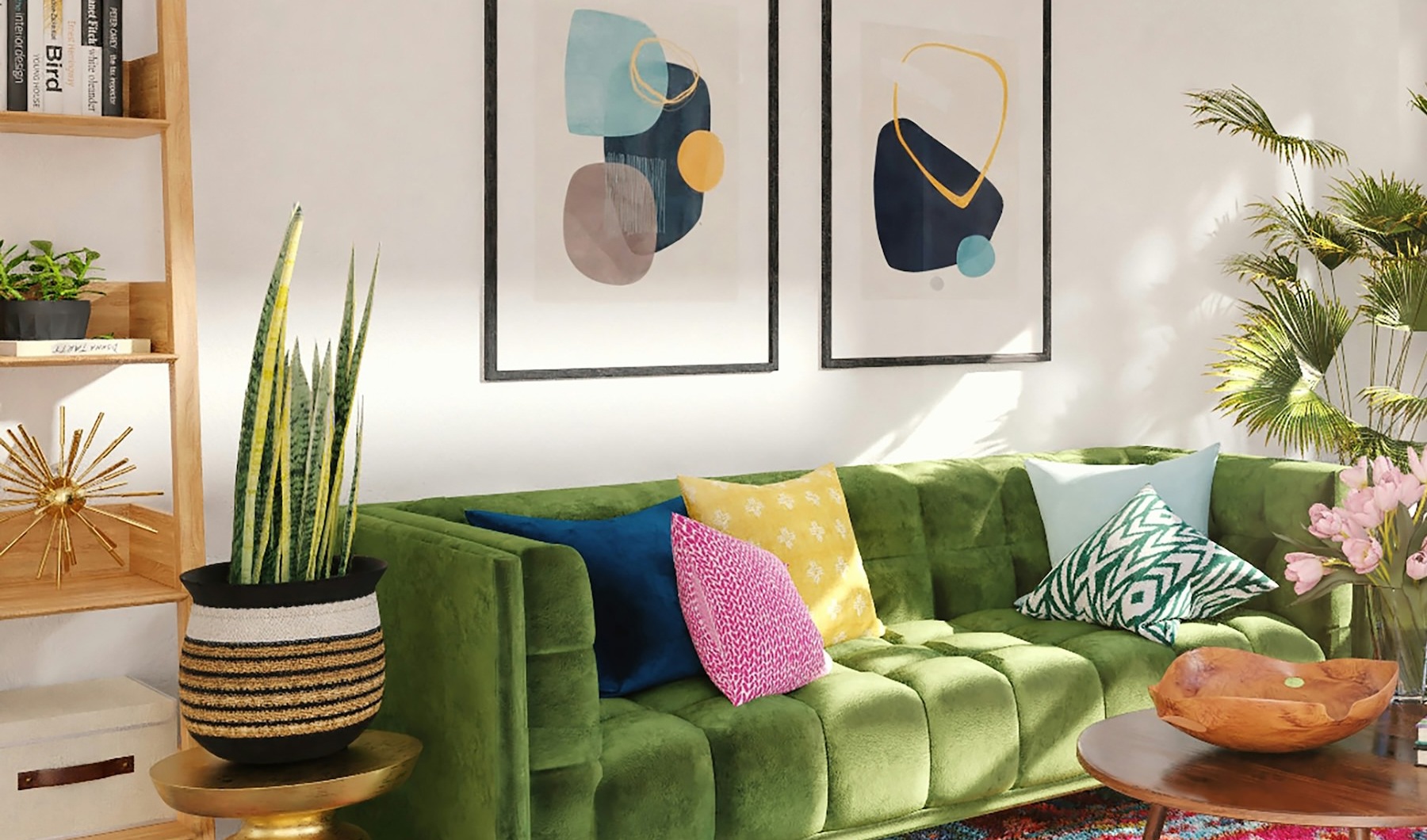 a living room with a green couch