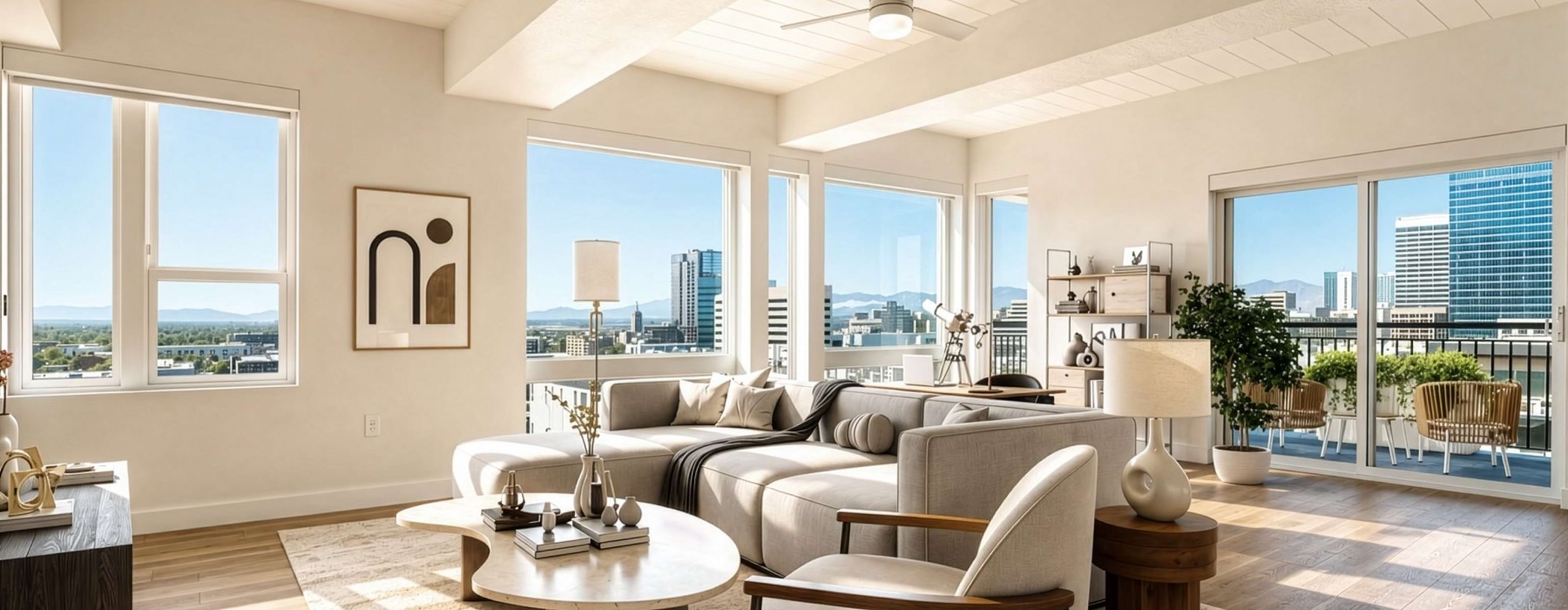 a large living area with a couch, chairs and coffee table featuring large windows