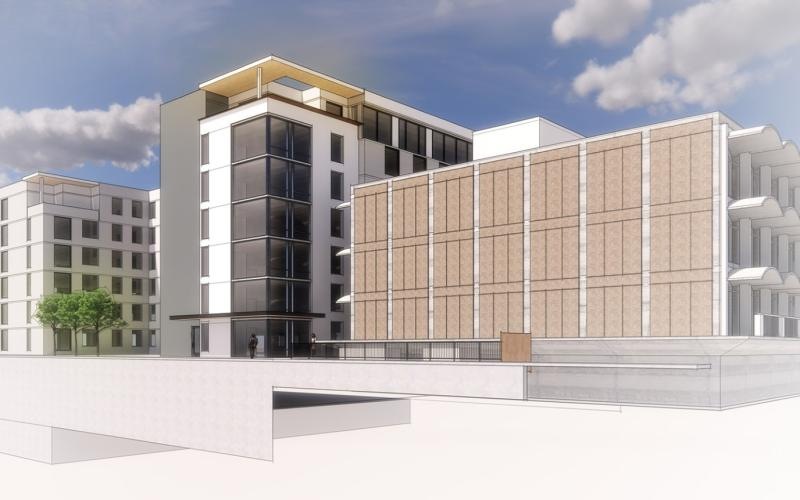 a multistory building with windows