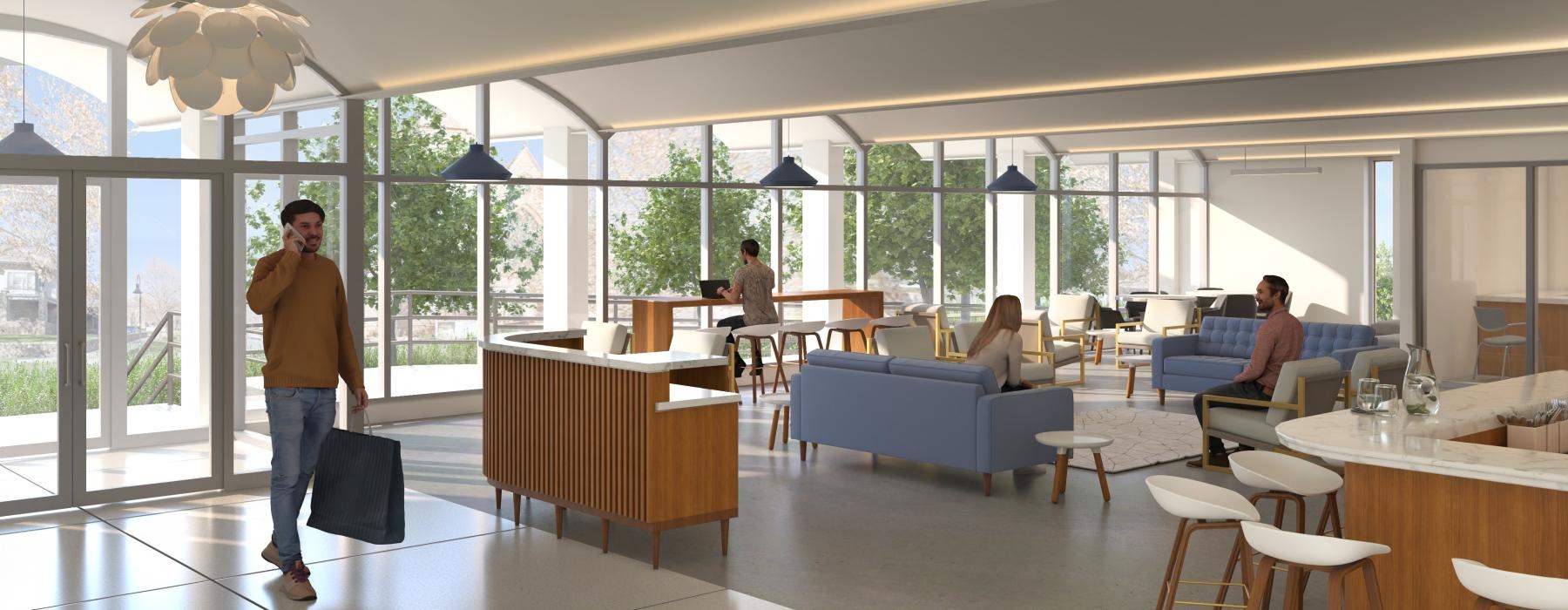 a person with a briefcase walking in a large room with people sitting in chairs