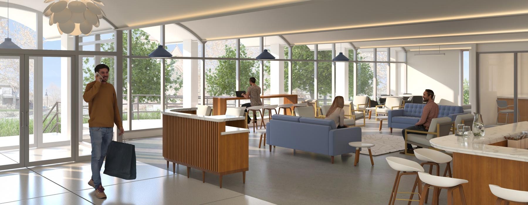 a person with a briefcase walking in a large room with people sitting in chairs